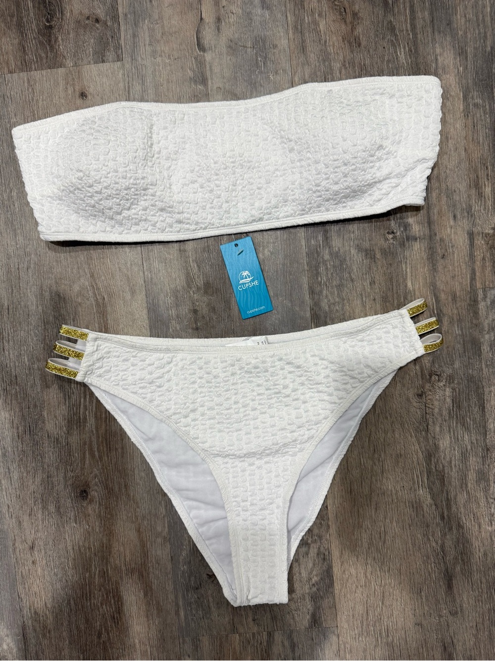 Cupshe White Textured Bandeau Bikini Set with Gold Accent Straps